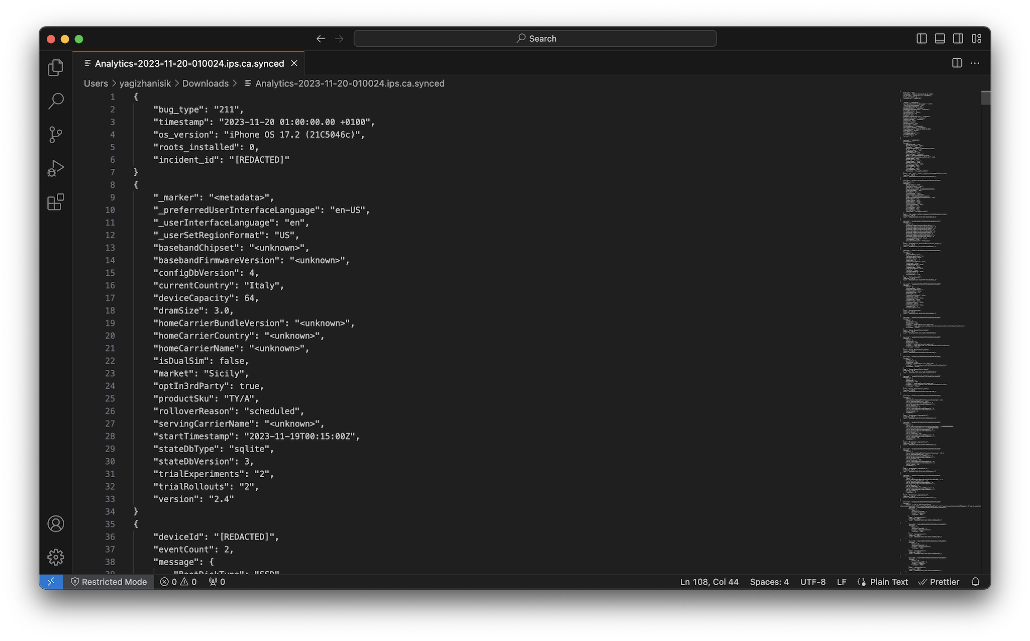 Content of an analytics file collected from my iPad