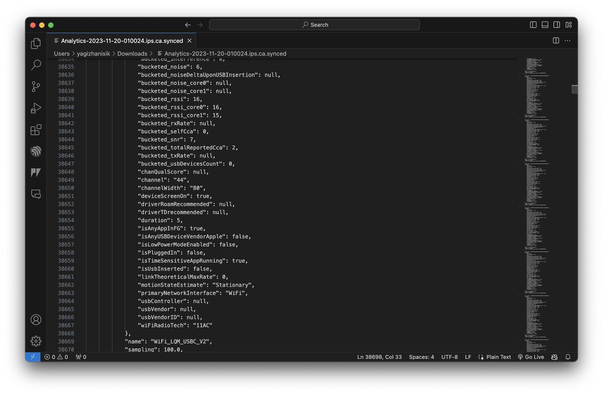 Part of the file which shows detailed information about Wi-Fi performance of the device