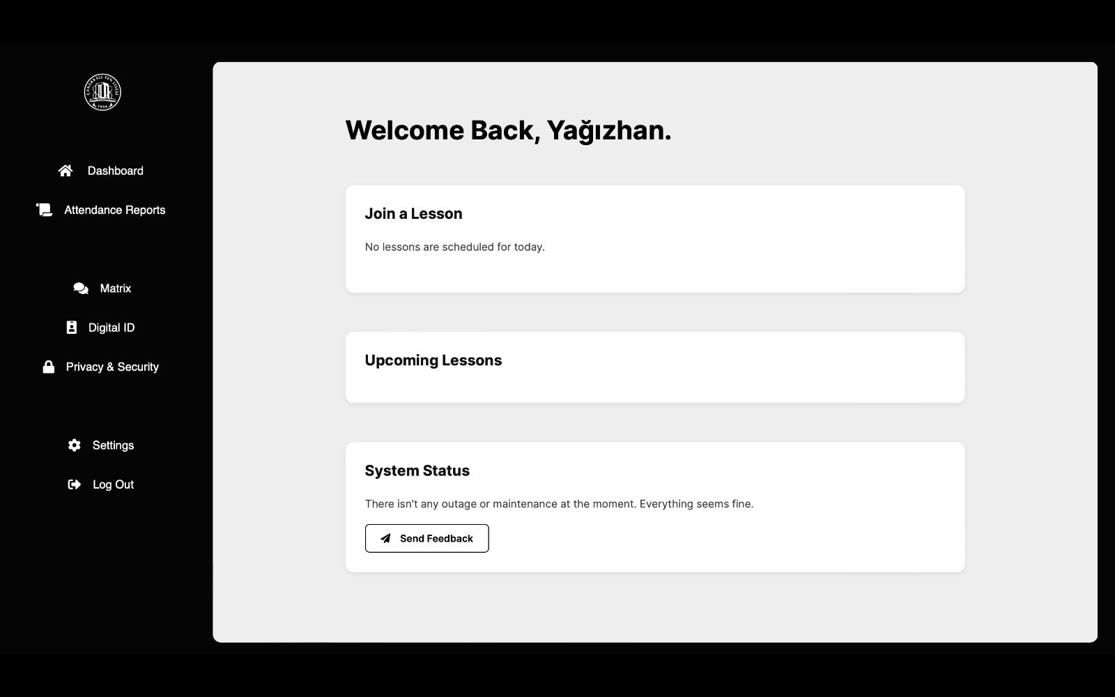 Screenshot of the Derslik Student Dashboard, including the name of the next lecture