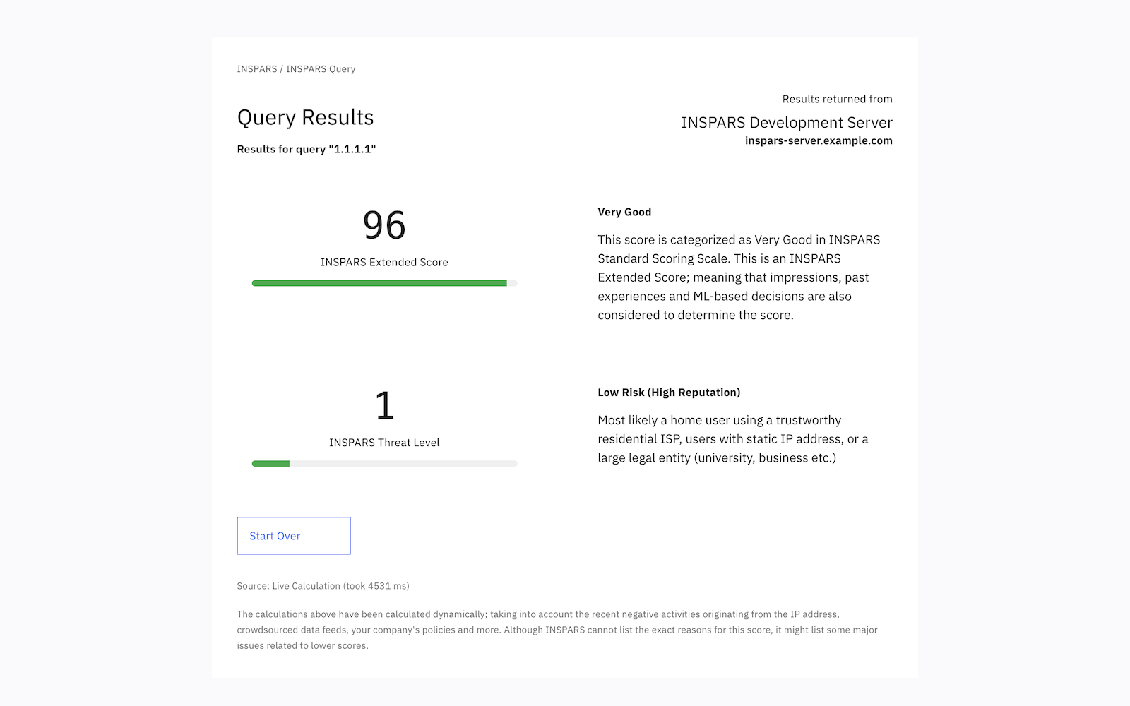 Screenshot of the INSPARS Query Panel, showing the reputation categorization for an example query.